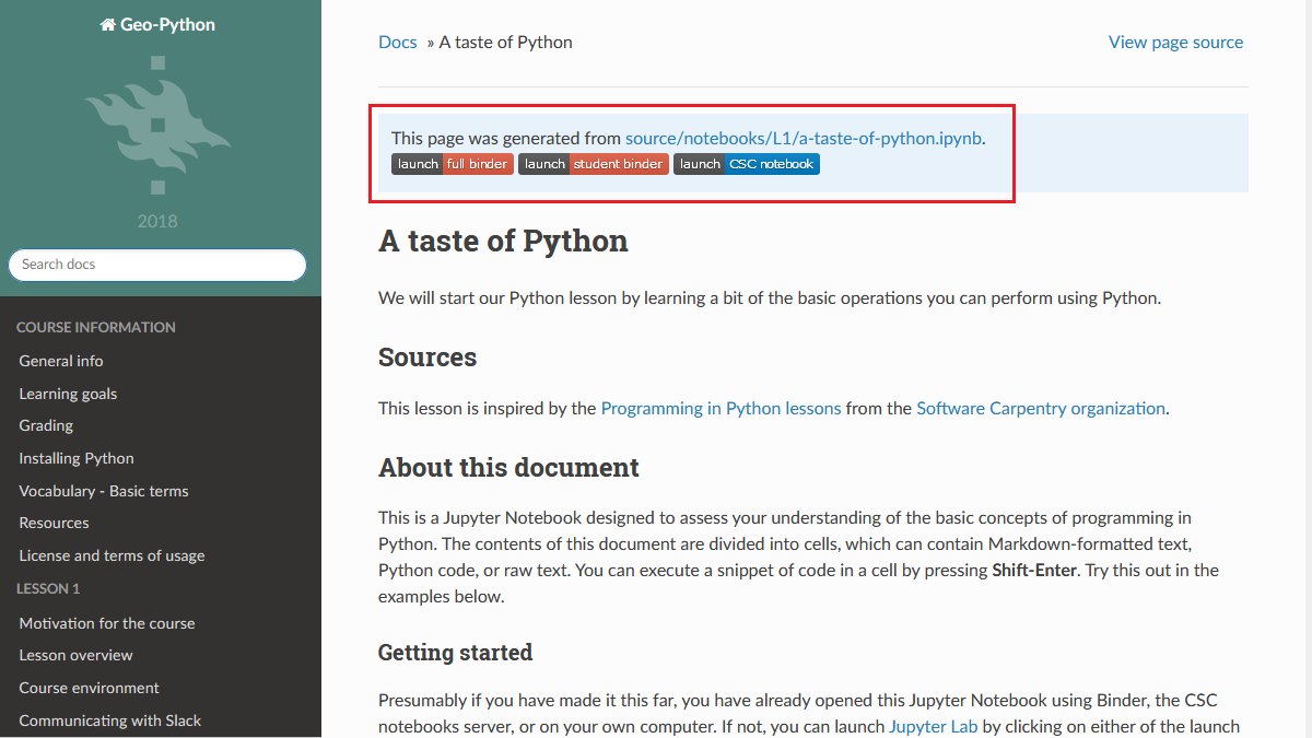 Launch buttons on the `Lesson 1: a Taste of Python page